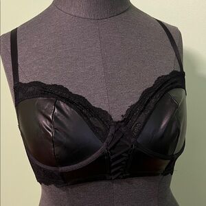 Sleek Black Faux Leather and Lace Detail Bra